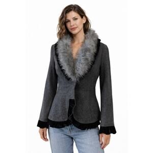 Vintage 2000s Roz & Ali Gray Faux Fur Collar Wool Blazer NWT size small